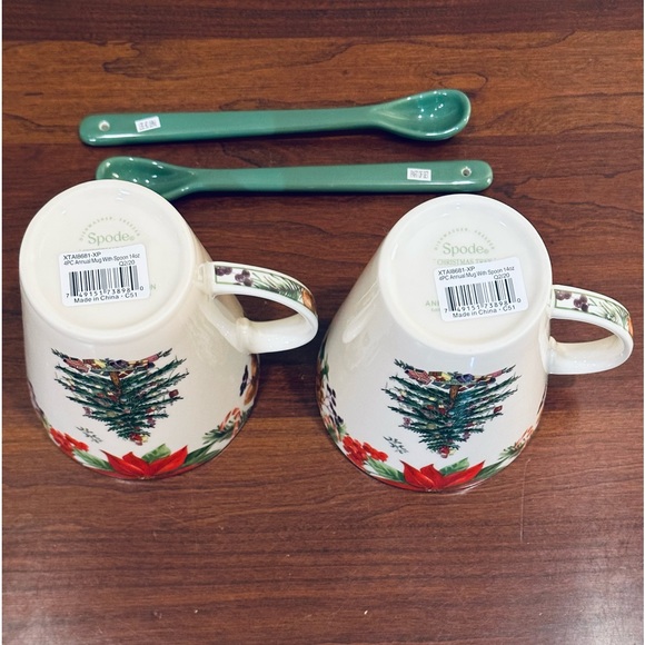 🎄🌟HP🌟Spode 2020 Set of 2 Earthenware Christmas Tree Poinsettia Mugs & Spoons - Picture 6 of 13